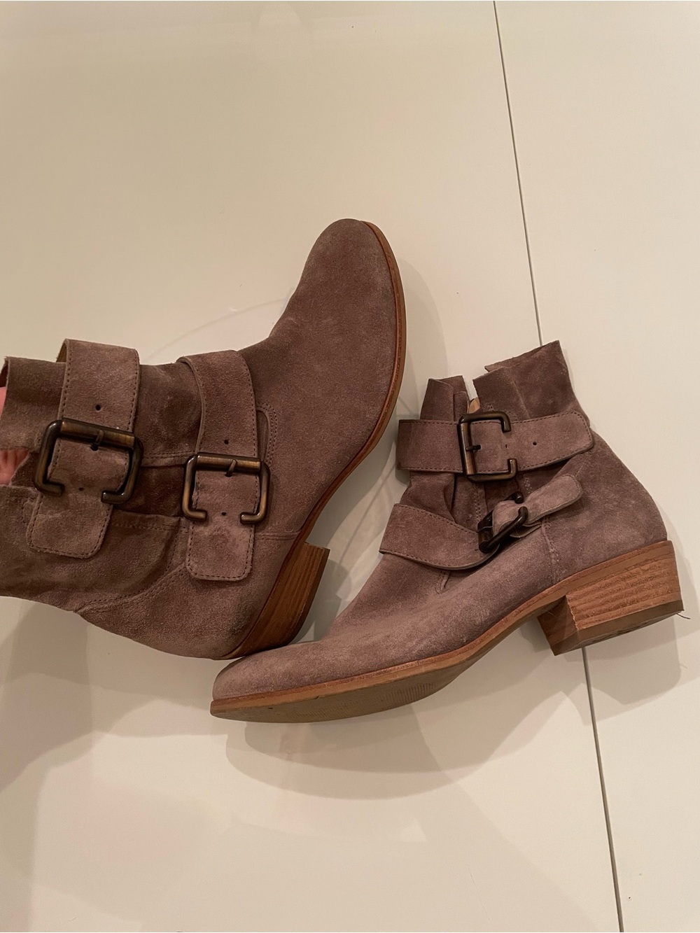 Paul Green Taupe Suede Buckle Ankle Boots